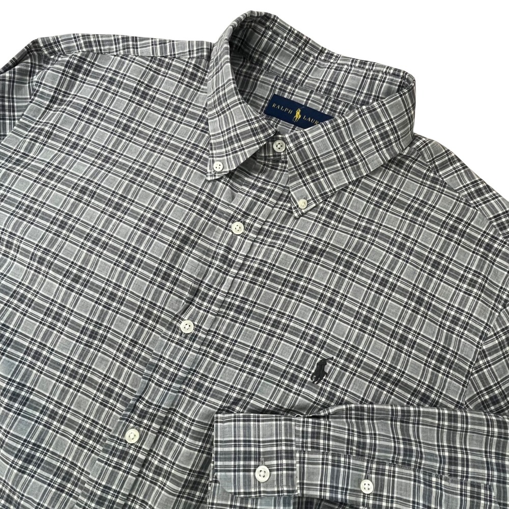 Ralph Lauren Mens Button Down Shirt XL Gray Plaid Cotton Long Sleeve Pony Logo
